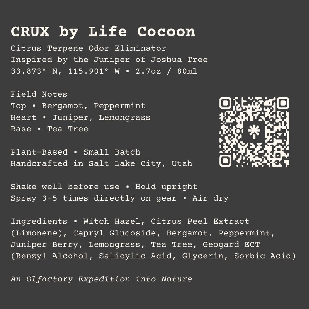 Product label for CRUX by Life Cocoon Citrus Terpene Odor Eliminator with QR code on a dark background