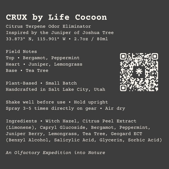 Product label for CRUX by Life Cocoon Citrus Terpene Odor Eliminator with QR code on a dark background