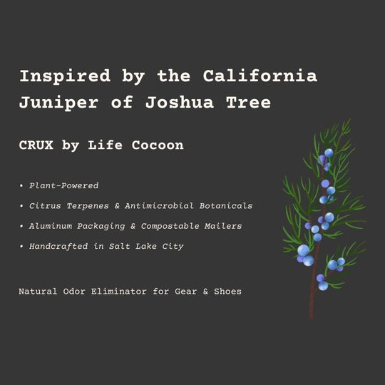 Product description card for CRUX by Life Cocoon with juniper illustration on a dark background